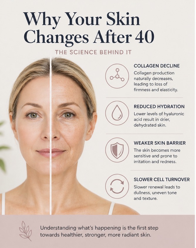 Why your skin changes after 40 — collagen decline, reduced hydration, weaker skin barrier and slower cell turnover